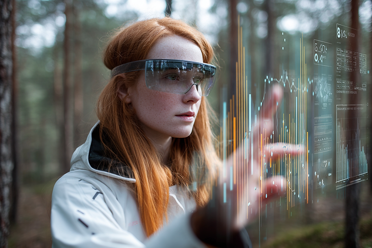 Woman using financial service in augmented reality in the wood