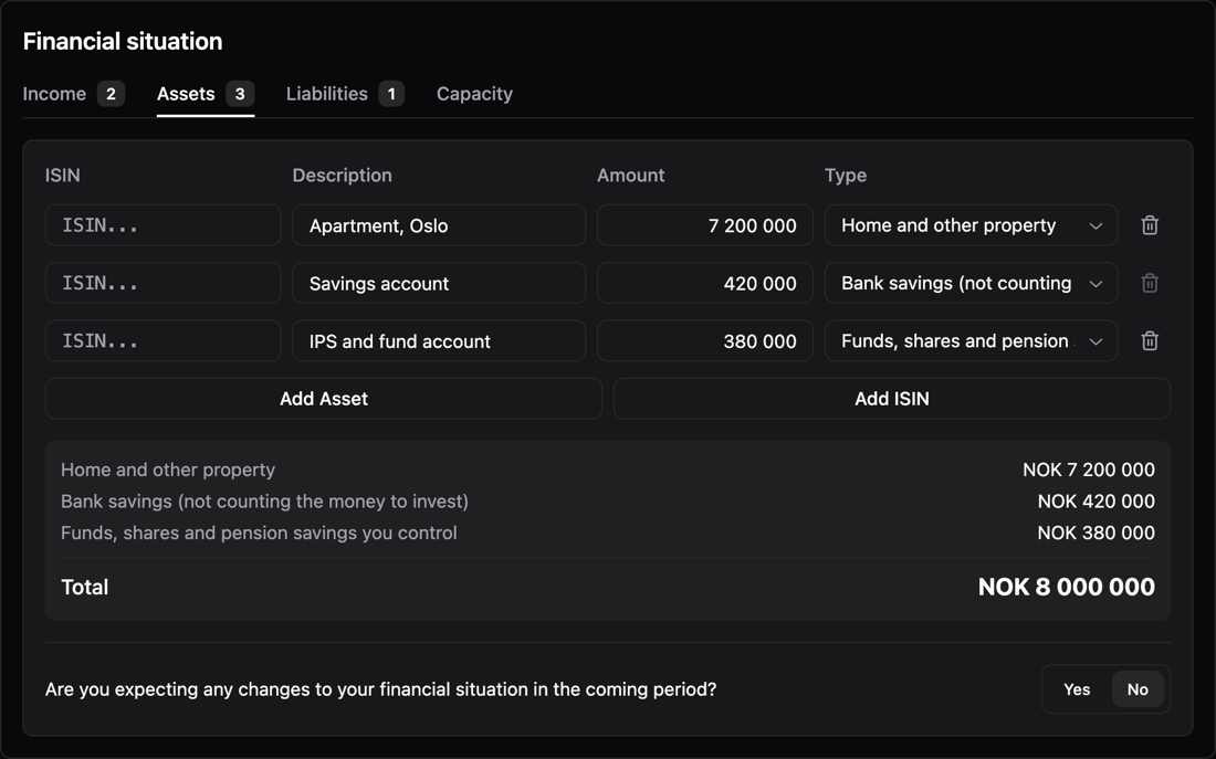 Assets in a financial situation model: an apartment in Oslo at 7,200,000, a savings account at 420,000 and an IPS and fund account at 380,000, totalling NOK 8,000,000.