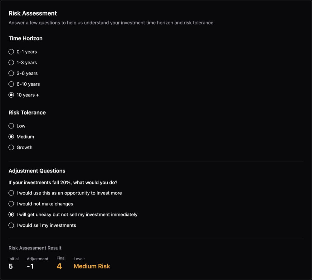Risk assessment in a flow: time horizon 10 years or more, medium risk tolerance, and an adjustment question answered 'I will get uneasy but not sell'. Result: initial 5, adjustment minus 1, final 4, Medium Risk.